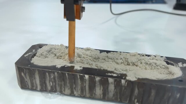 Vertical probe pressing into pale granular material over dark metal specimen during laboratory materials testing on clean white bench with shallow focus, cool neutral light, rigid fixture, textured