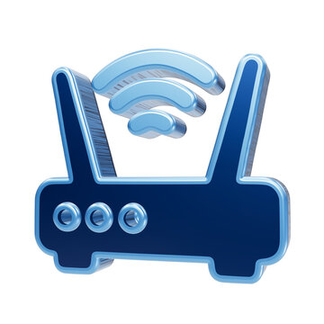 Wireless Router Icon: A modern, metallic blue wireless router icon with illuminated signal waves emanating upwards, symbolizing connectivity and network technology.