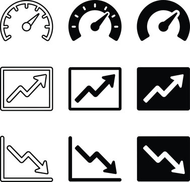 Set of simple vector icons representing speedometers and business growth and decline charts