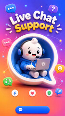 Fototapeta premium Cute 3D mascot with headset working on laptop inside speech bubble with 