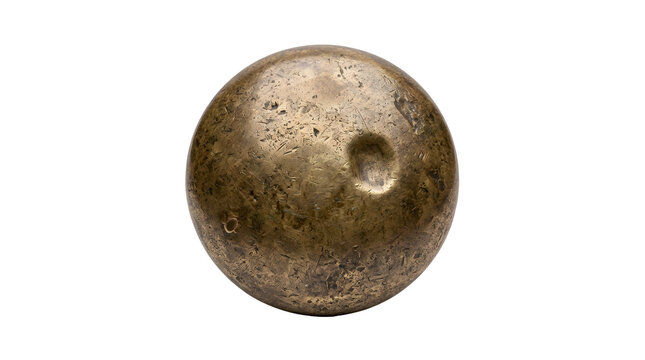 Distressed vintage brass sphere featuring unique metallic textures and visible surface imperfections isolated against a plain white background captured in crisp studio lighting for artistic projects.