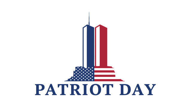 Patriot Day commemorative graphic with stylized twin towers in red, white, and blue American flag colors, bold typography honoring September 11 remembrance, victims, and national unity