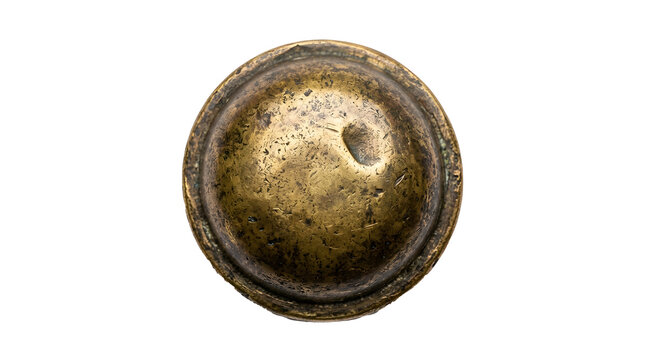 Distressed antique brass door knob featuring a circular weathered metallic surface with rich golden tones isolated against a clean white background for industrial design hardware projects.