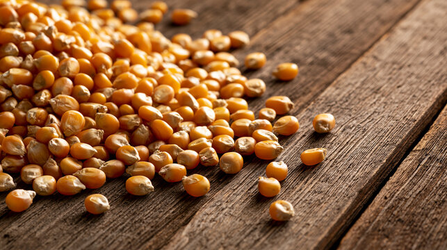 A rustic pile of yellow corn kernels scattered on a dark wooden background. Perfect for agricultural food supply or healthy harvest concept photography.