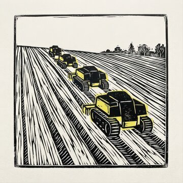 Combine Harvesters Crossing a Field in Linocut Style