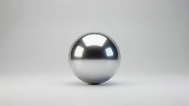 A single polished chrome sphere sits centrally against a clean and minimalist white studio background with reflective metal sphere bright plain background