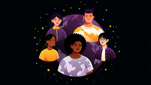 flat illustration of a diverse group of young friends standing together and smiling under a starry night sky representing friendship unity and community