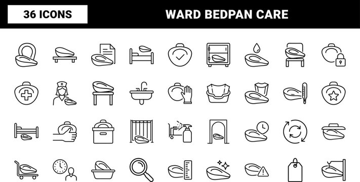 Bed Pan Ward Patient Care Web Icon Set in Linear Style. Collection of Clinic Nursing line icons, including hygiene, sanitation, ward care, hospitalization, assistive equipment, nursing.