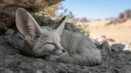 Naklejka premium Desert Dweller's Slumber: A fennec fox with its characteristic large ears rests peacefully in the shade of a rocky overhang.