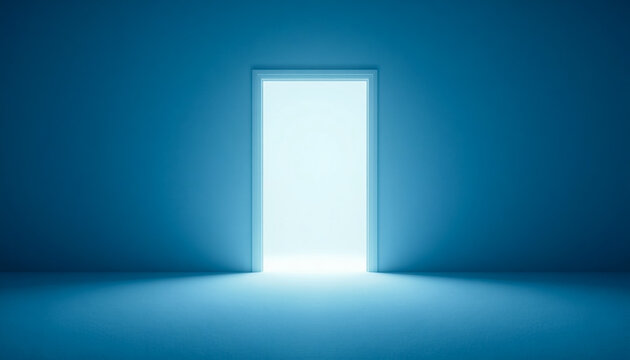 Open door with bright light in a dark blue room, conceptual background for new beginnings.