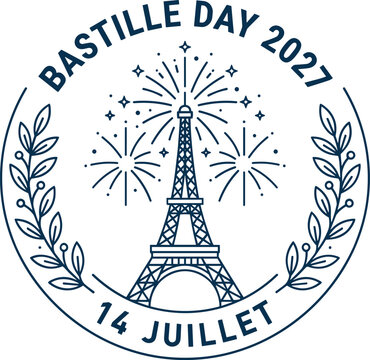 Happy Bastille day 2027 minimal line art vector emblem featuring eiffel tower celebratory fireworks burst and laurel wreath border element