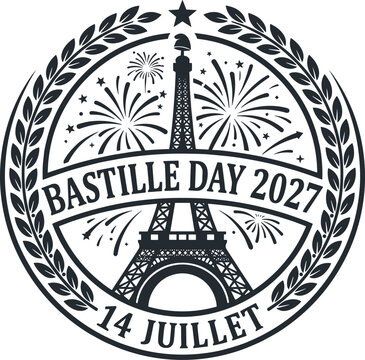 Happy Bastille day 2027 retro engraving silhouette vector emblem featuring eiffel tower fireworks phrygian cap and laurel wreath border