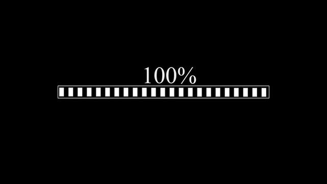 Minimalist white loading progress bar with percentage counter animation, modern digital file transfer status overlay element, clean interface buffer graphic on black background. 4k video