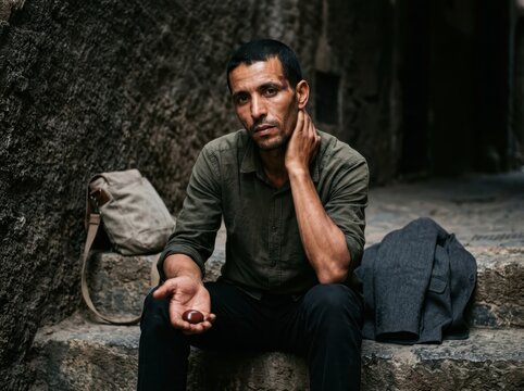 Thoughtful Man Sitting on Stone Steps in Urban Alley