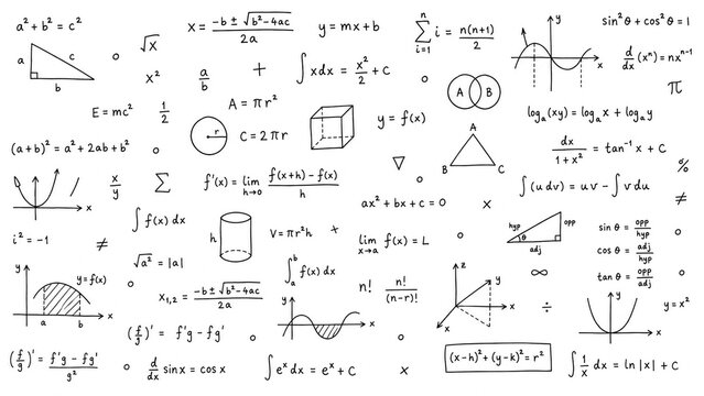 Handwritten mathematical formulas and geometric shapes on a white background