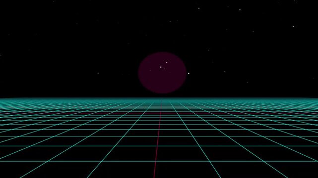 Advanced VHS glitch and analog noise loop animation with retro synthwave cyan wireframe grid and dark purple sun against a starry space background