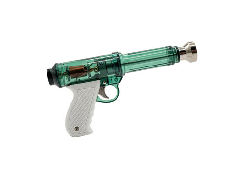 Translucent green plastic toy ray gun with a white textured handle and metallic silver nozzle tip isolated on a transparent background