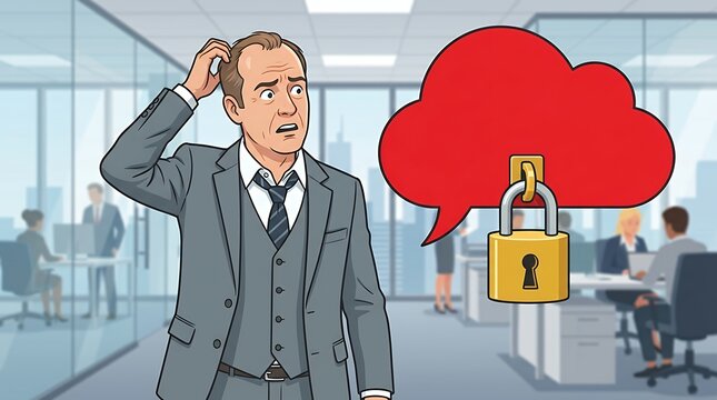 Puzzled Executive Standing Beside Red Speech Cloud Secured with Yellow Padlock Concept Confusion Executive character looking bewildered next to a bright red thought bubble locked tight with a heavy
