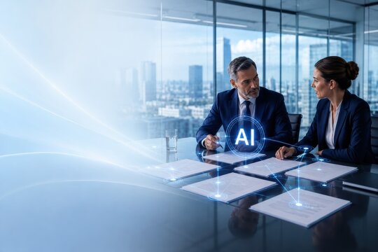 Business Professionals Discussing AI Policy and Compliance in Boardroom