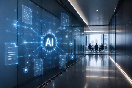 AI Compliance Network in Modern Corporate Headquarters Corridor