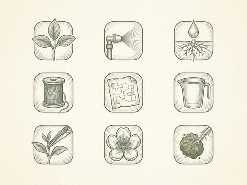 Eco Gardening Icon Set with Plants Watering and Compost Concepts