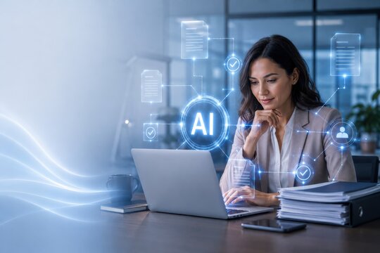 Customer Service Professional Using AI Compliance Review at Laptop