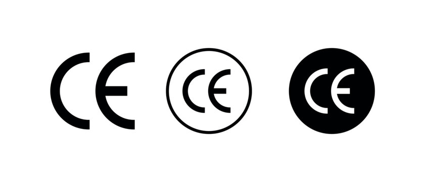CE mark European conformity symbol set featuring plain, circular outline, and circular filled styles for product safety compliance packaging.