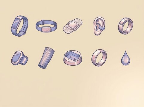 Medical device icons set with wearable health accessories