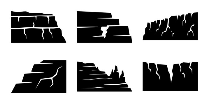 Layered Cliff Faces, Rock Formations, and Canyon Edges Vector Icons Set: Geological Layers, Erosion, and Natural Landscapes