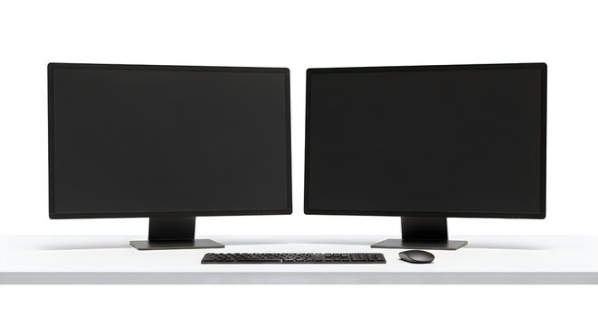 Two computer monitors with a keyboard and mouse