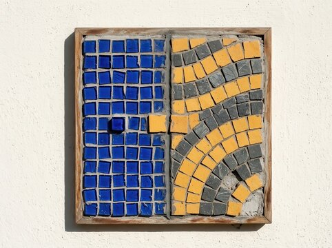 Geometric Mosaic Tile Art in Blue and Yellow on Wall