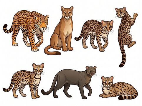 Various Wild Cats Jaguar Puma Ocelot and Margay Vector Set