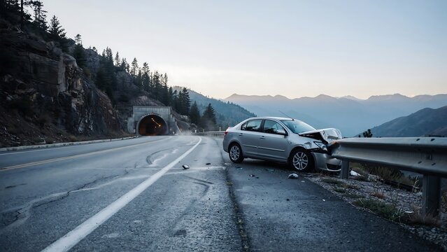 Damaged silver sedan car crashed into highway guardrail on mountain road near tunnel
