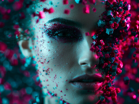 Futuristic Woman Portrait with Shattering Digital Pixels