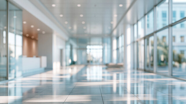 Elegent photo of Blurred interior view of a modern glass office building lobby with bright natural lighting. Ideal background for corporate business presentations and.