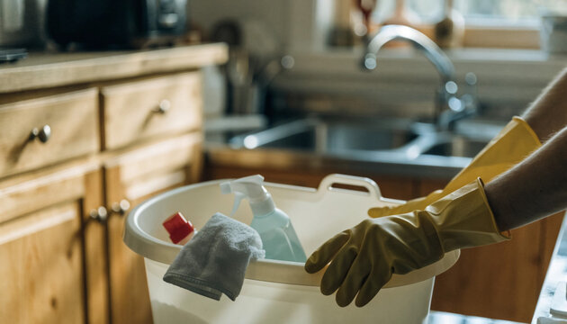 Person wearing yellow rubber gloves holding a plastic bucket with cleaning supplies in kitchen
