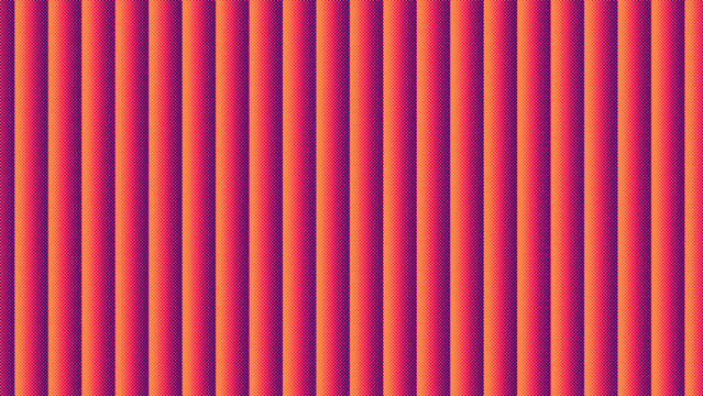 Bold abstract composition of vertical orange and red wave stripes producing a strong rhythmic optical pattern with a sense of movement.