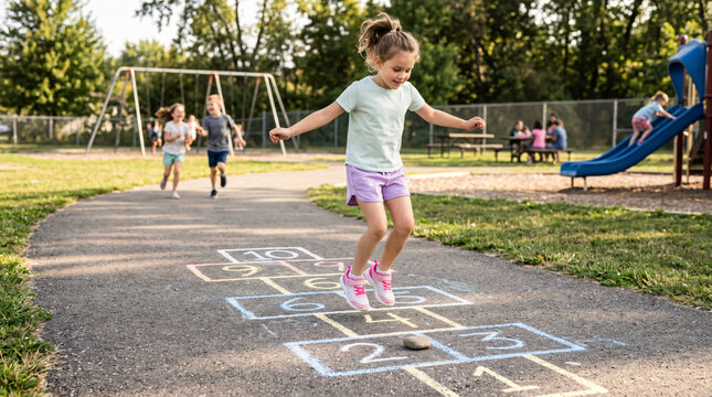 A young girl joyfully plays hopscotch on a sunny day, surrounded by other children enjoying the playground.