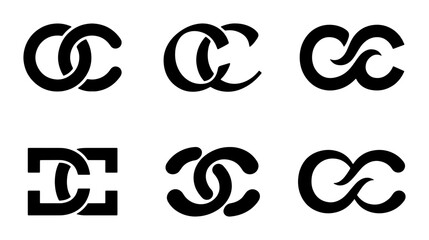 Fototapeta premium Interlocking CC Monogram Logos, Elegant Linked Letter C Designs, Modern CC Symbol Variations, Minimalist Black and White Branding Elements