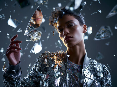 Fashionable Woman Surrounded by Shattered Floating Mirror Shards
