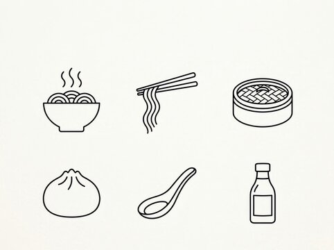 Asian food icons set with noodles dumpling chopsticks and sauce bottle
