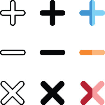 Simple geometric plus minus and multiplication symbols in various styles