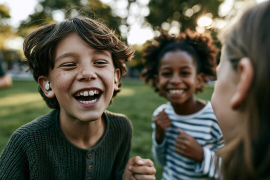 Boy with Hearing Aid Laughing with Friends in Park