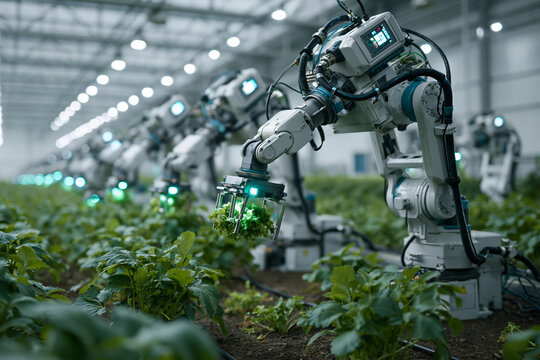 Robotic Arms Harvesting Crops in Smart Agriculture Greenhouse