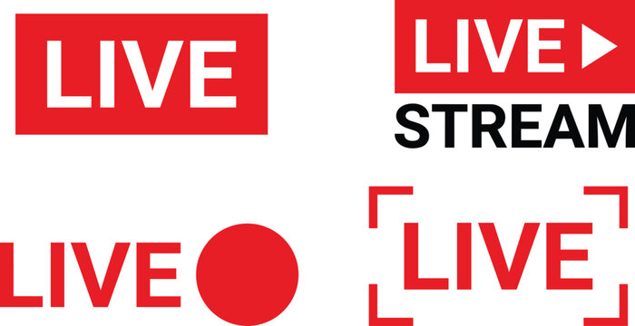 Set of red live stream broadcast buttons and recording icons for video streaming