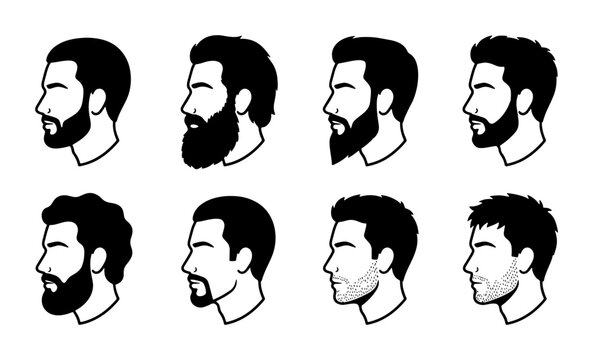 Beard Styles Vector Collection, Diverse Male Facial Hair Silhouettes, Grooming Trends, Modern Man Haircuts, Black and White Icons for Design