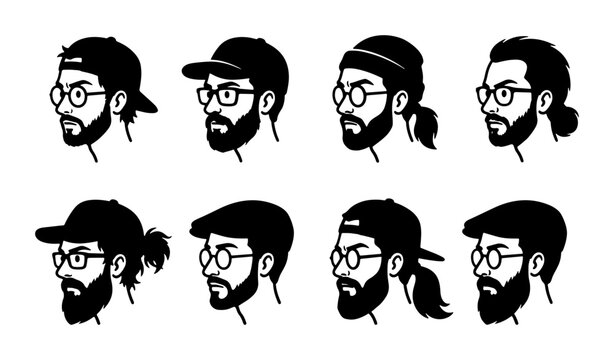 Diverse Male Hairstyles and Headwear Collection, Modern Bearded Man Icons, Graphic Vector Set for User Profiles and Avatars