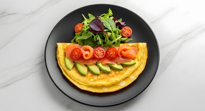 Healthy omelette with avocado and tomato, brunch meal on black plate