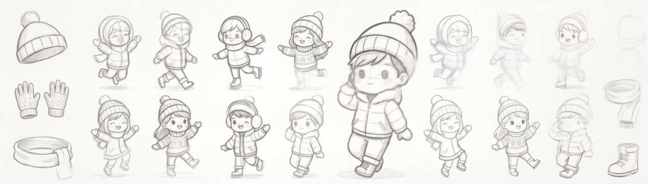 Pencil sketch character sheet of cute chibi kids in winter clothing, featuring various action poses and winter accessories collection.