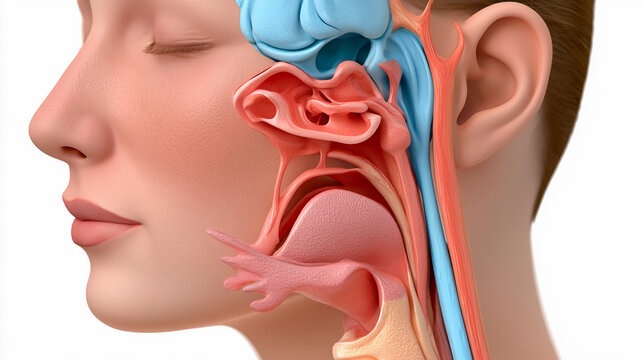Human head anatomy showing the respiratory system in detail with various structures labeled at different positions